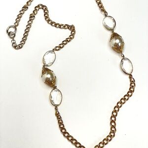 LARGE 35” HEAVY FAUX PEARL & FACETED GLASS CRYSTAL GOLD TONE STATEMENT NECKLACE